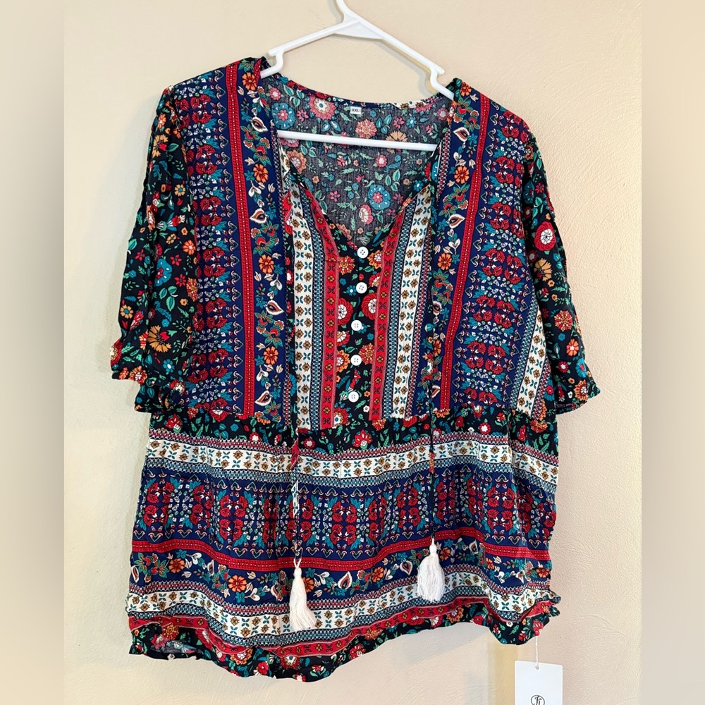 Kaywide Boho Top Blouse women’s XXL floral red blue flowy beach light patterned